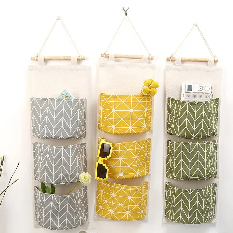 

1PC Three Pockets Hanging Wall Storage Bag Household Bedroom Living Room Kitchen Cotton Linen Storage Bag