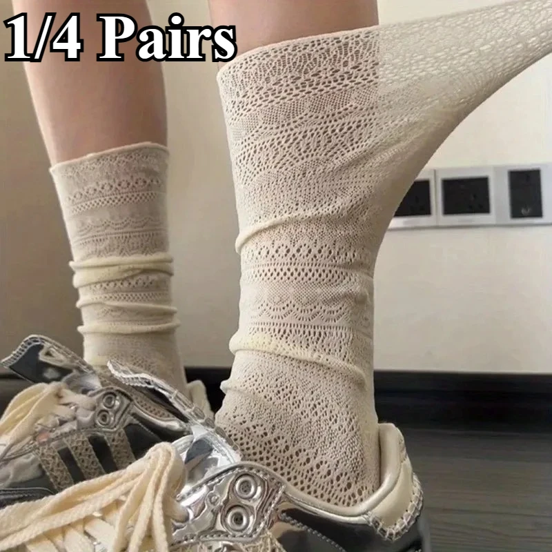 1/4 Paar Damen-Socken mit Spitzenbesatz, Lolita-Stil, süßes Netz, ausgehöhlt, dünnes Nylon, leicht, atmungsaktiv, transparent, Freizeitsocken