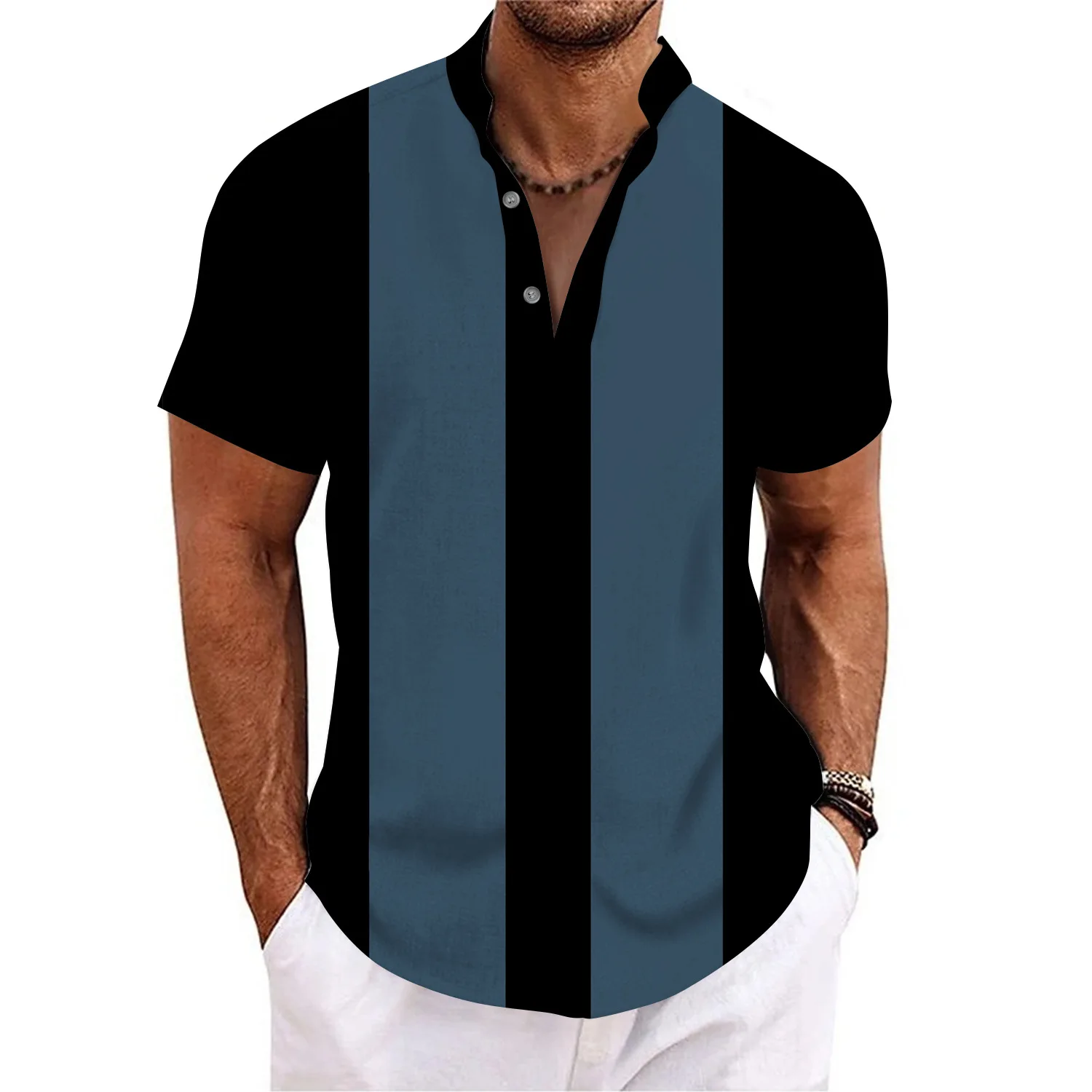 2024 European and American men's short-sleeved henley shirt T-shirt top button stand collar fashion basic men's clothing