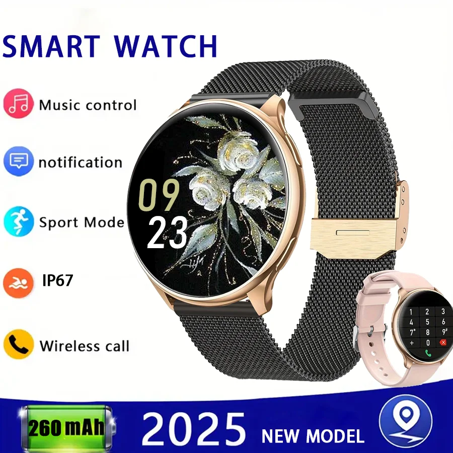 

Женские умные часы с постоянным дисплеем, IP67, фитнес-трекер с мониторингом сна, менструальный цикл, черное золото