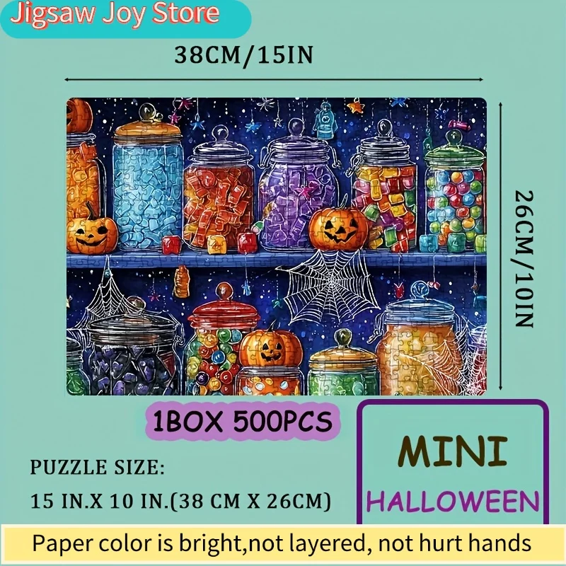 A 500pcs Puzzle for Adults Featuring a Captivating Arrangement of Halloween Candy Jars, Suitable for Party Games And Activitie
