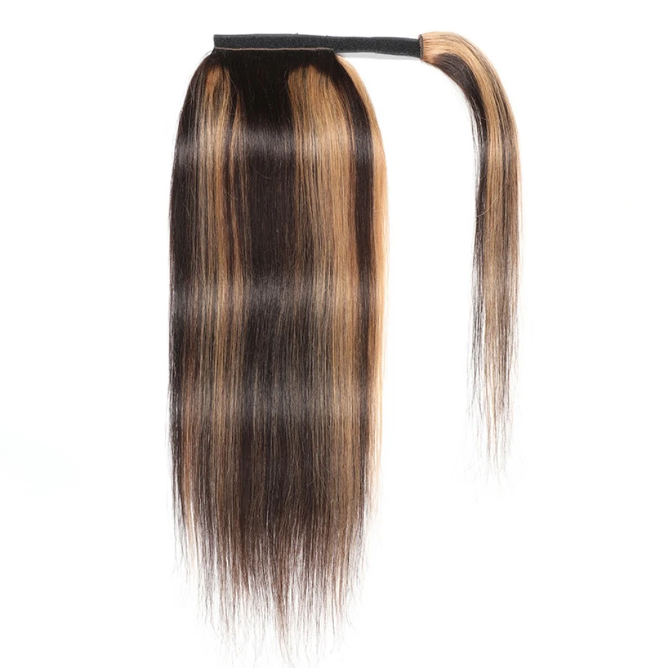 Hoogtepunt P4/27 Trekkoord Paardenstaart Menselijk Haar Lange Rechte Clip In Paardenstaart Wrap Around Braziliaanse Remy Hair Extension Twee tone