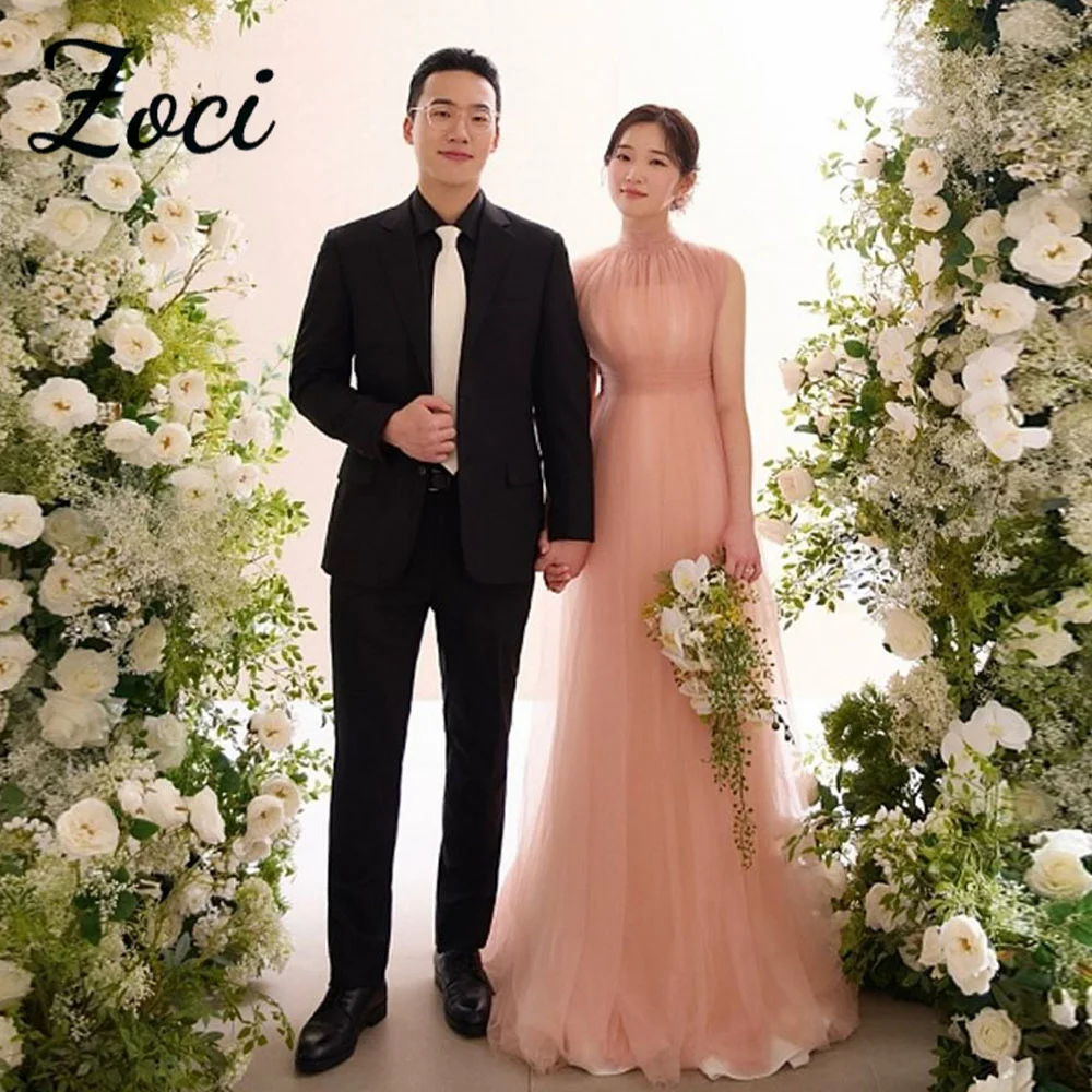 

Zoci Simple Halter High Korea Wedding Dresses Sleeveless Pink Soft Tulle Photo Shoot Party Gowns Customized Draped Bride Dresses