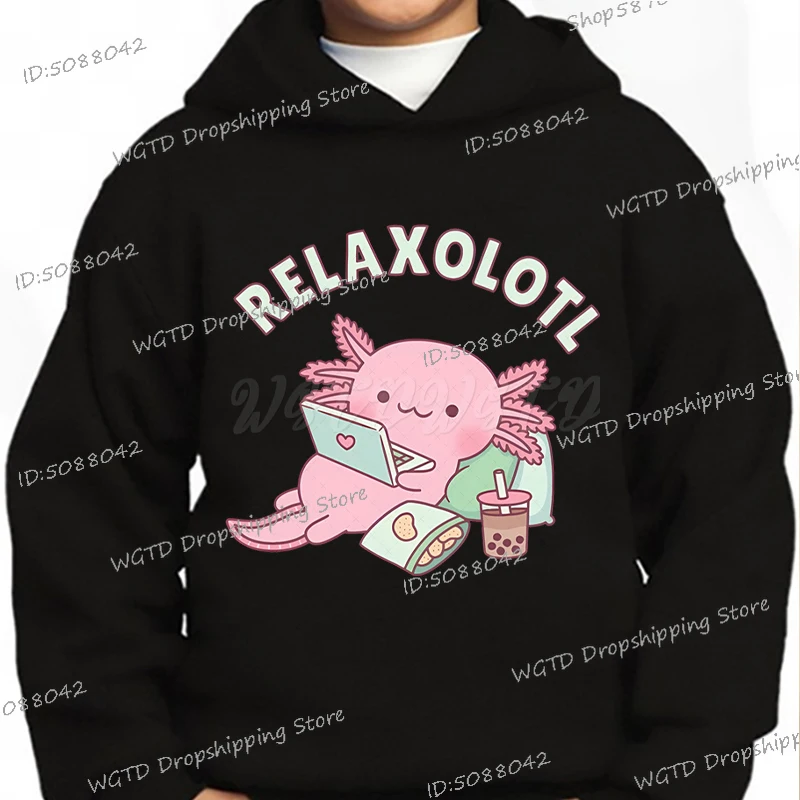 Cute Axolotl Drinking Bubble Tea Hoodie Kids Funny Cartoon Clothes Girls Anime Hooded Boys Fashion Long Sleeve Axolotl Tracksuit