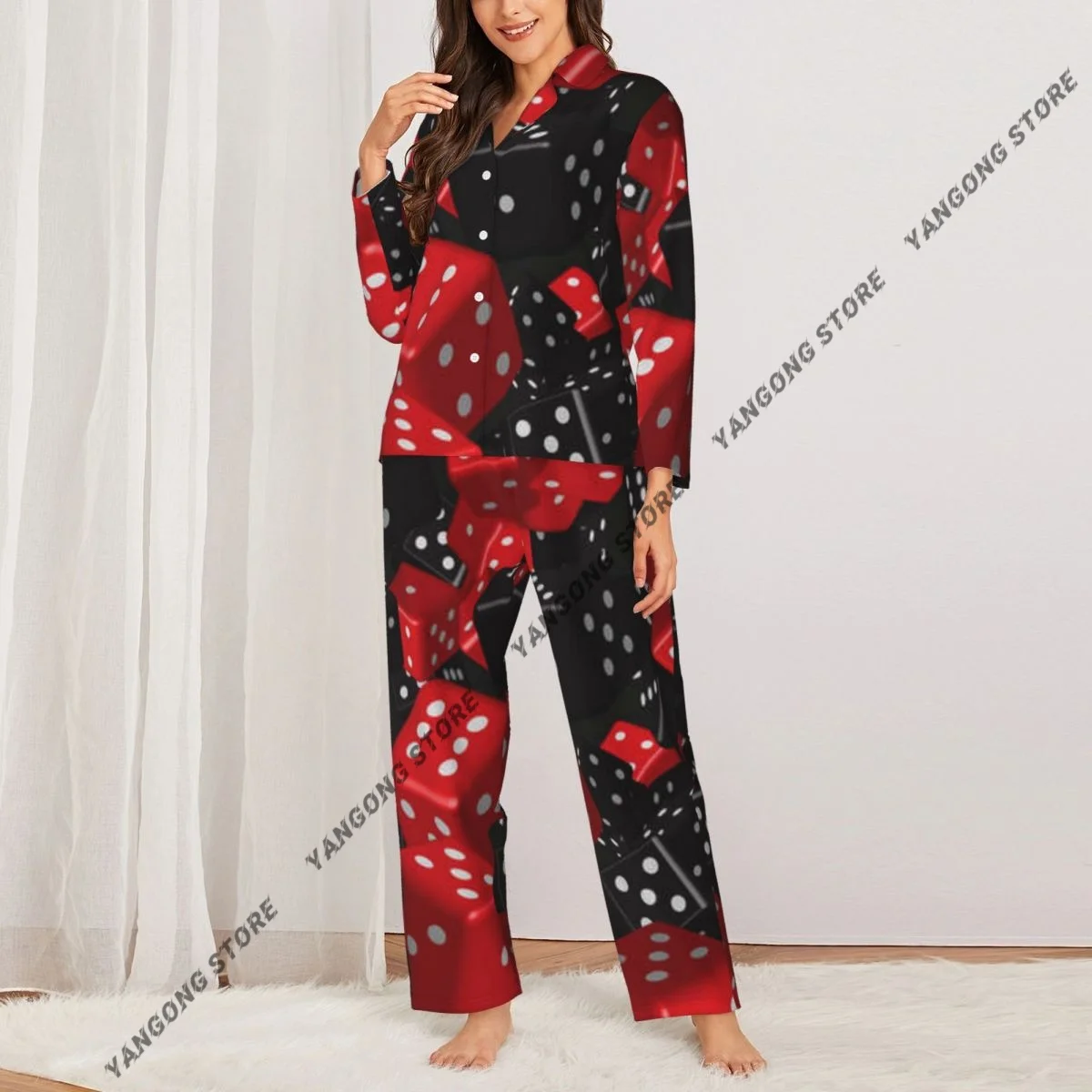 Women Sleepwear Pajamas Red Black Dice Pattern Long Sleeve Pijama Female Set Negligee Cardigan Suit