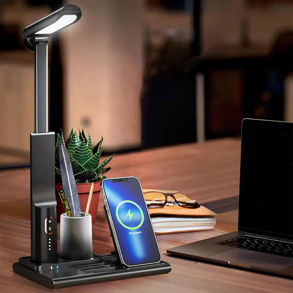 15W Eye Protection Folding Desk Lamp with Pen Holder Touch Control No Blu-ray Reading LightWireless Charging LED Table Lamp,