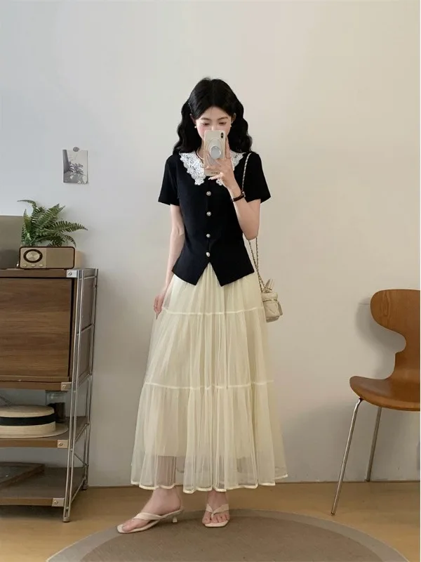 

Summer 2026 Women's Floral Lace Collar T-Shirt Chiffon Halter Skirt Two-Piece Set plus Size Loose Casual Fashion Ensemble