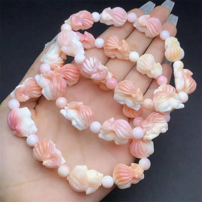 Natural Aliger Gigas Shell Fox Carving Fashion Reiki Gemstone Round Beads Bracelets Jewelry Couple Gift 1PCS