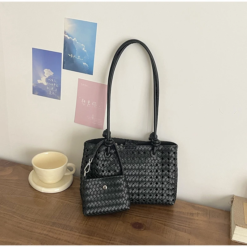 Taschenset, ausgehöhlte gewebte Schultertasche mit passender Geldbörse, lässige Damen-Sommerhandtasche mit Tragegriff, vielseitige weiche Tasche für den Arbeitsweg – Detail 15