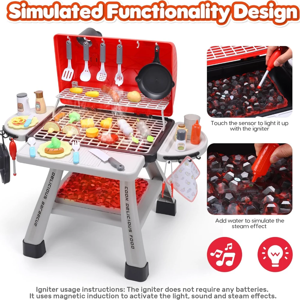 Ensemble de jeu de barbecue pour enfants, ensemble de jouets de cuisine, ensemble de jeu de fumée réaliste, jouets interactifs d'intérieur et d'extérieur pour garçons et filles