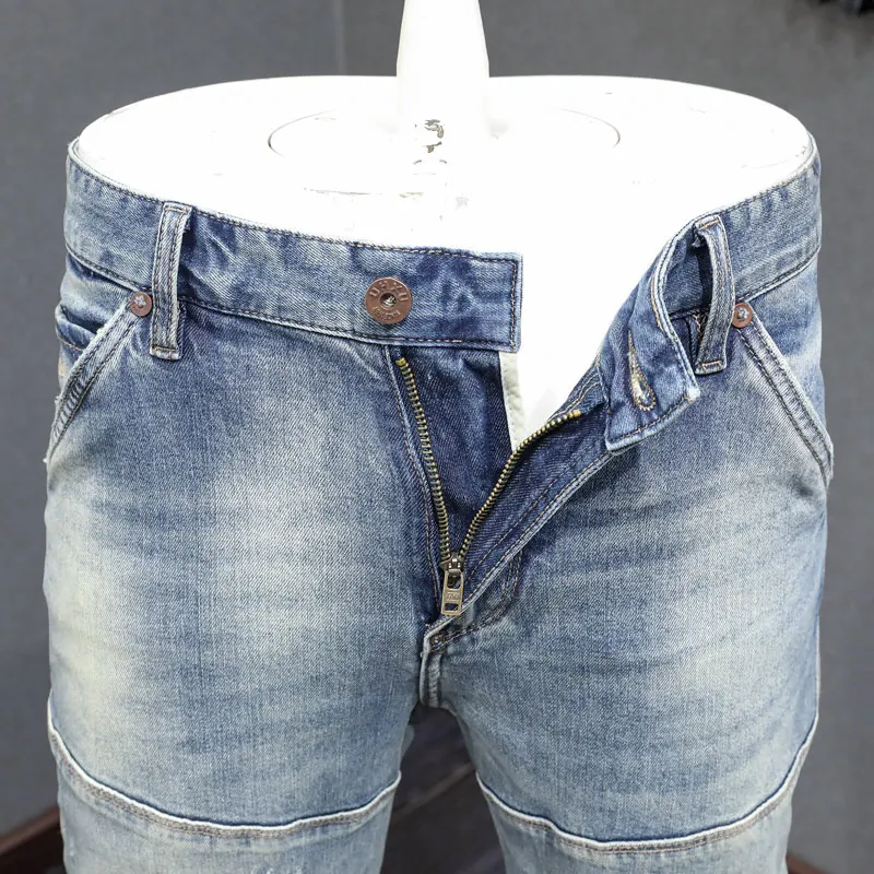 High Street Fashion Men Jeans Retro Washed Blue Stretch Spliced Designer Slim Fit Biker Jeans Men Hip Hop Denim Ripped Pants