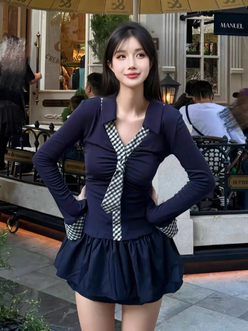 

Sweet Pure Desire, осенне-зимняя длинная футболка в клетку с воротником-стойкой, женский топ с застежкой на талии, юбка трапециевидной формы, комплект брюк