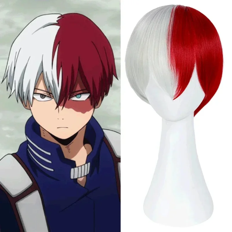 Peluca My hero Academia Todoroki para mujer, peluca larga y corta de fibra química de onda pequeña blanca y roja para fiesta de cosplay