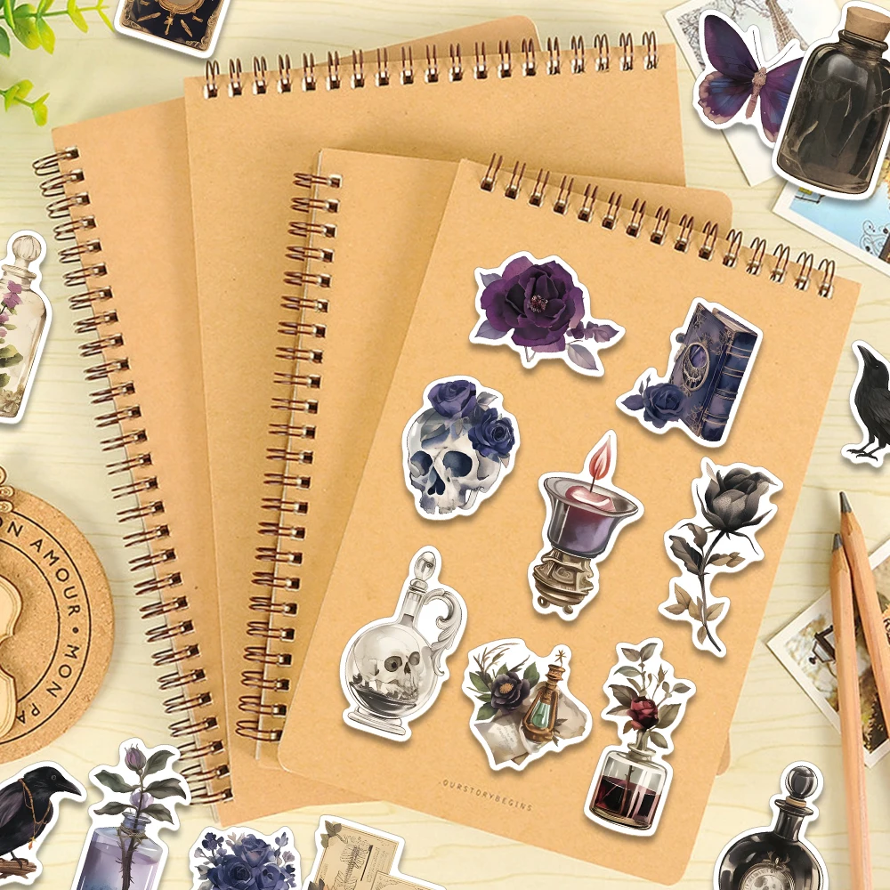 100 pièces mystérieux rétro foncé esthétique Art autocollants personnalisé fleur crâne Potion bouteille autocollants papillon corbeau bricolage cadeau