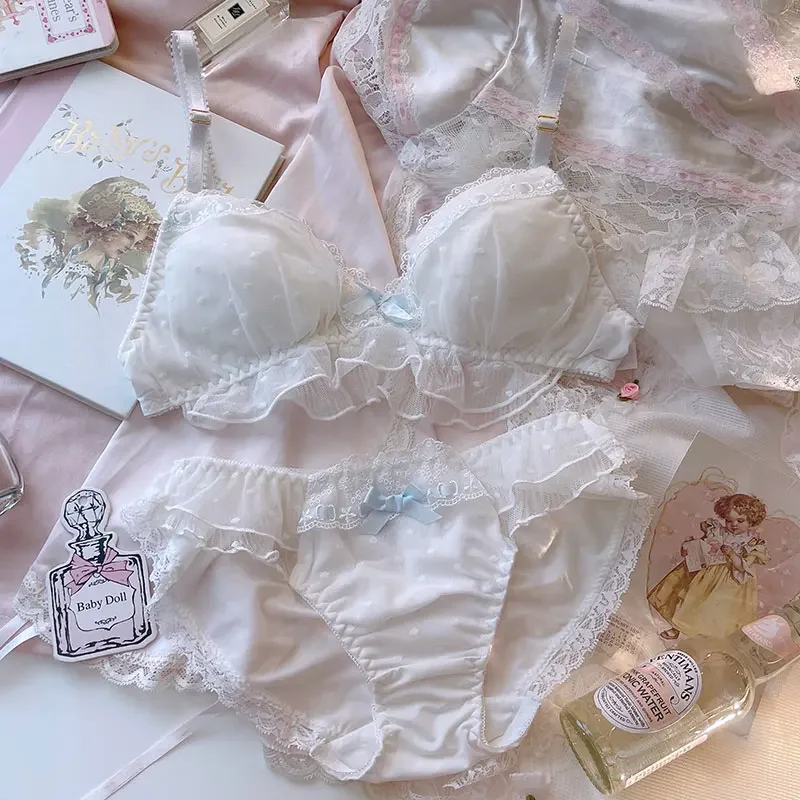 

Lingerie fairy girl wearing ribbon ruffle thin bralette lace without steel ring white princess underwear triangle cup bra panty