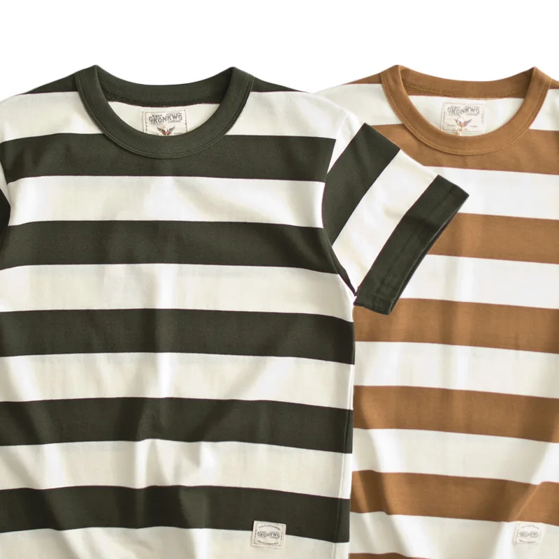 

American Retro Thick Cotton Male T-shirt 280g Navy Motorcycle Color Wide Stripes Short Sleeve Breathable Summer Top