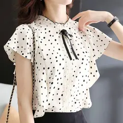 Korean Polka Dot Lace Chiffon Blouse Elegant Stand Collar Ruffles Spliced Women's Clothing Stylish Bow Summer Short Sleeve Shirt