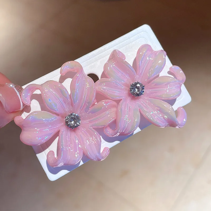 Pink Flower Women's Stud Earrings Korean Fashion Lovely Floral Sweet Summer Vacation Crystal Resin Elegant Party Ear Jewelry