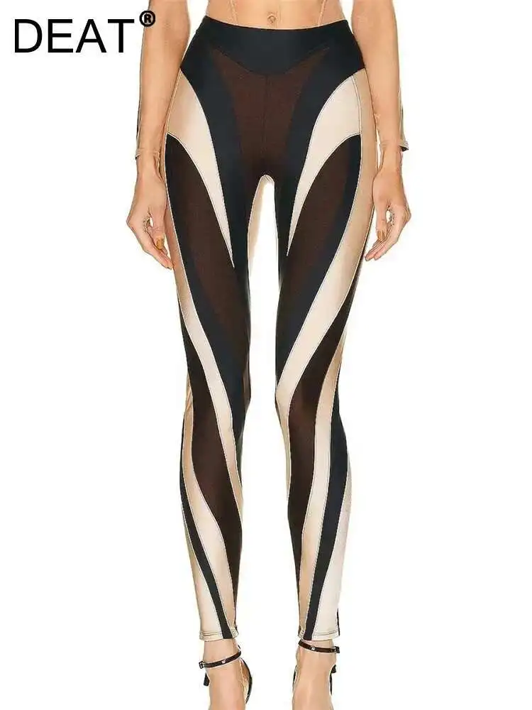 DEAT 2025 moda de otoño contraste de Color diseño de almazuela pantalones para mujeres mallas de cintura alta elástica mujer Casual nuevo 11XX5075