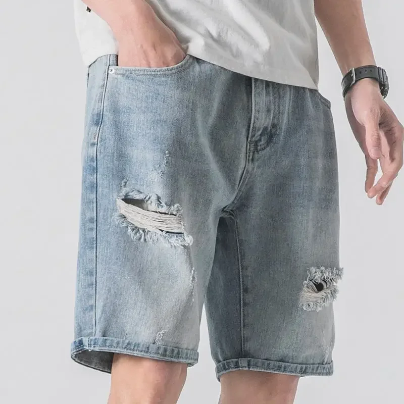 

Long Short Jeans Pants for Men Bermuda Loose Man Denim Shorts with Pockets Wide Ripped Baggy Half Luxury Streetwear Y2k Fashion