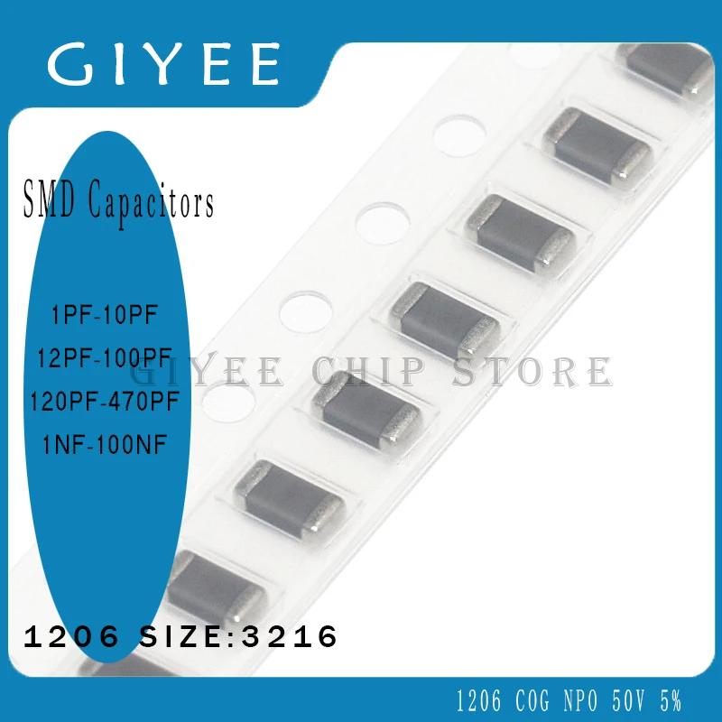

50 шт./лот 1206 3216 50 В 5% COG NPO 1PF-100PF 120PF-1NF-10NF 100NF SMD конденсаторы