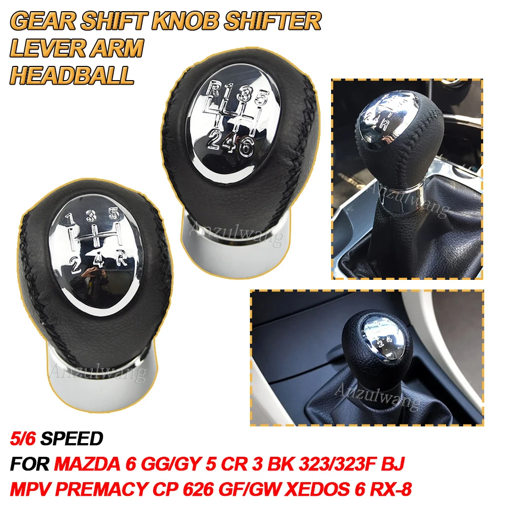 Chrome 5/6 Speed Black Leather Manual Gear Stick Shift Knob For Mazda 3 5 6 323 323F 626 RX-8 Premavy MPV Car Change Lever Knob