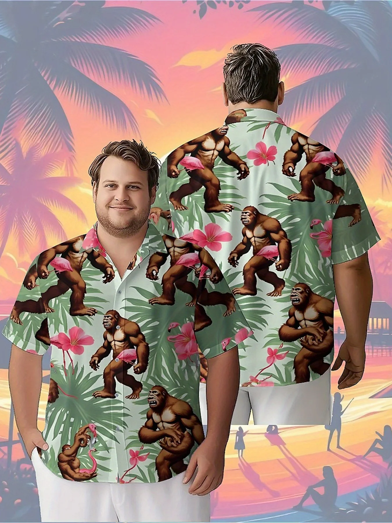 

Men's Plus Size Hawaiian Shirts Sasquatch and Flamingo Fantasy Journey pattern, Button Shirts, Casual Clothing, Summer Top