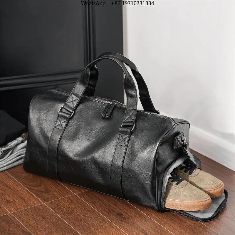 Men's Leather Travel Duffle Bag with Shoe Compartment Durable Large Capacity Carry On Weekender Travel Bag for Airplane Gym