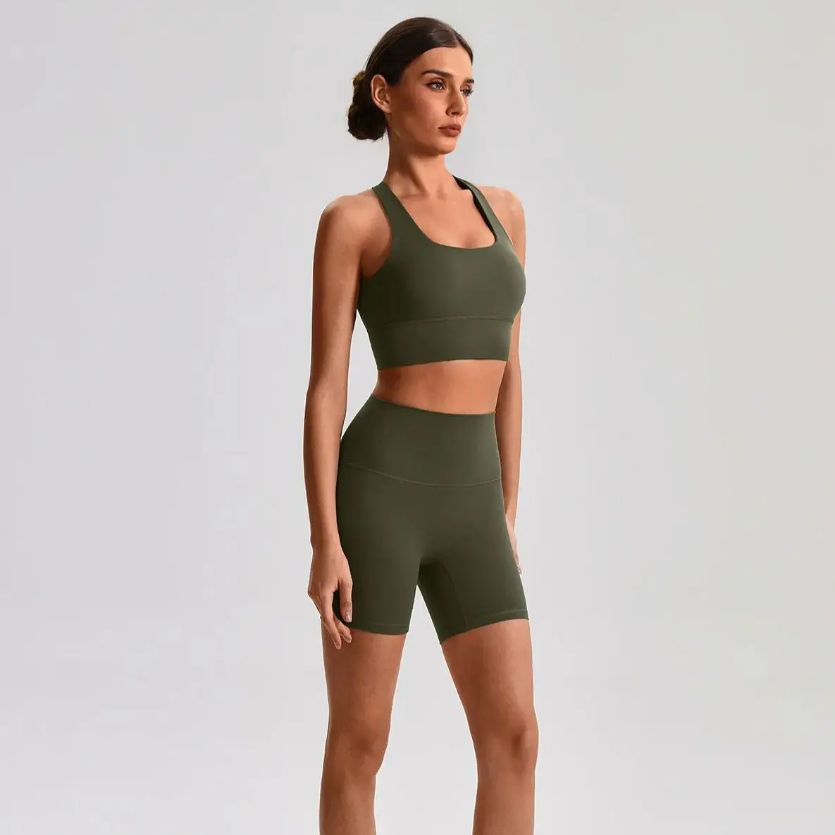 Solid Color Women Sports Suit High Waist Shorts Legging Fitness Bra 2pcs Short Legging Yoga Set Gym Workout Training Chest Pad