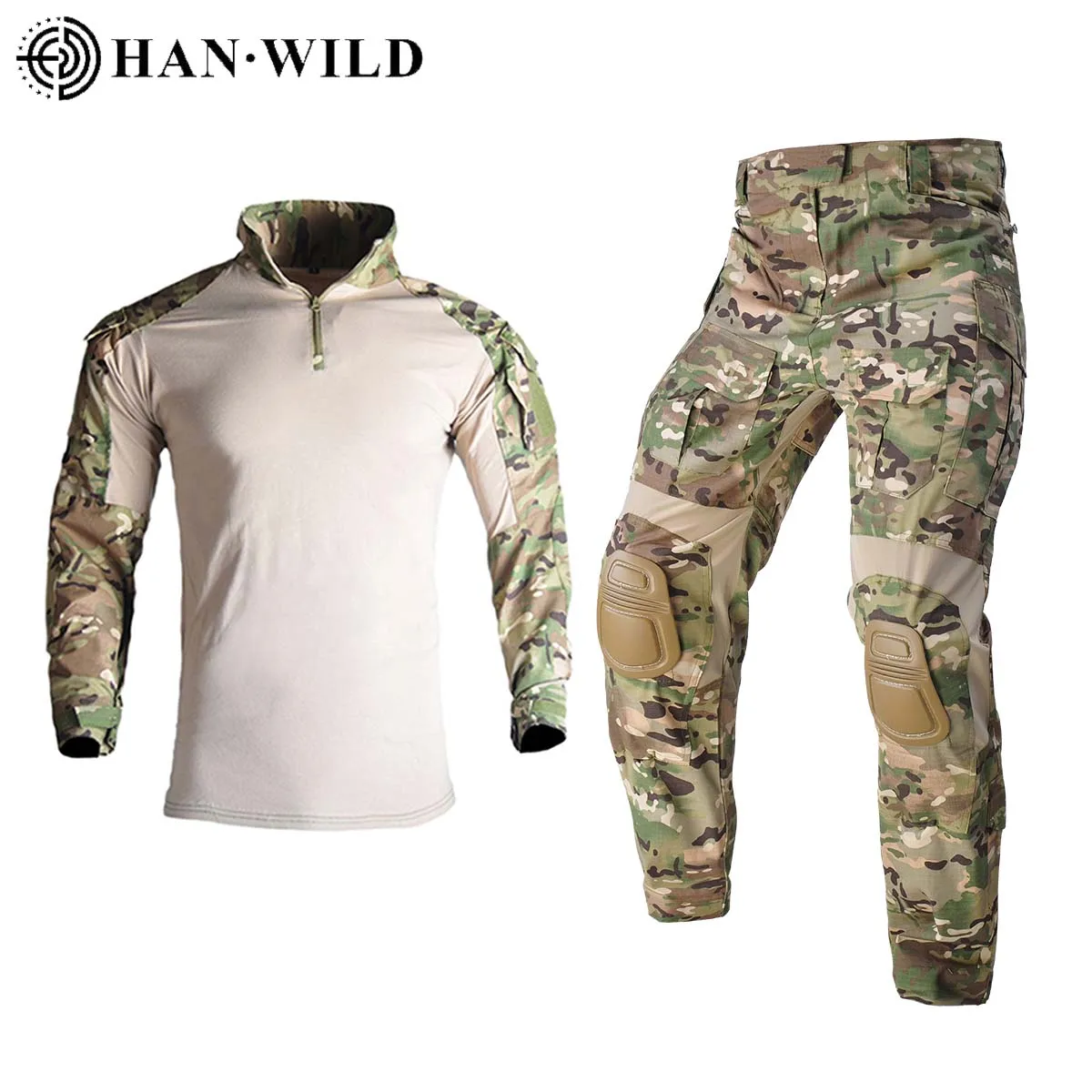 HAN WILD Hiking Airsoft Hunting Suits Uniform Camouflage Tactical Combat Set Men Clothing Shirts+Pants with Pads Camping Sets