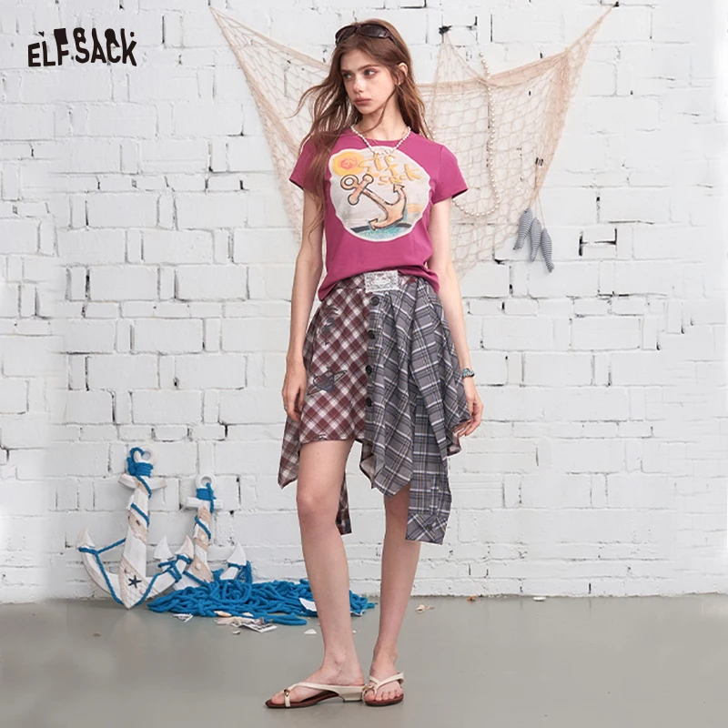 

ELFSACK Asymmetrical Plaid Patchwork Midi Skirt, High-Waisted Irregular Hem Skirt with Prints