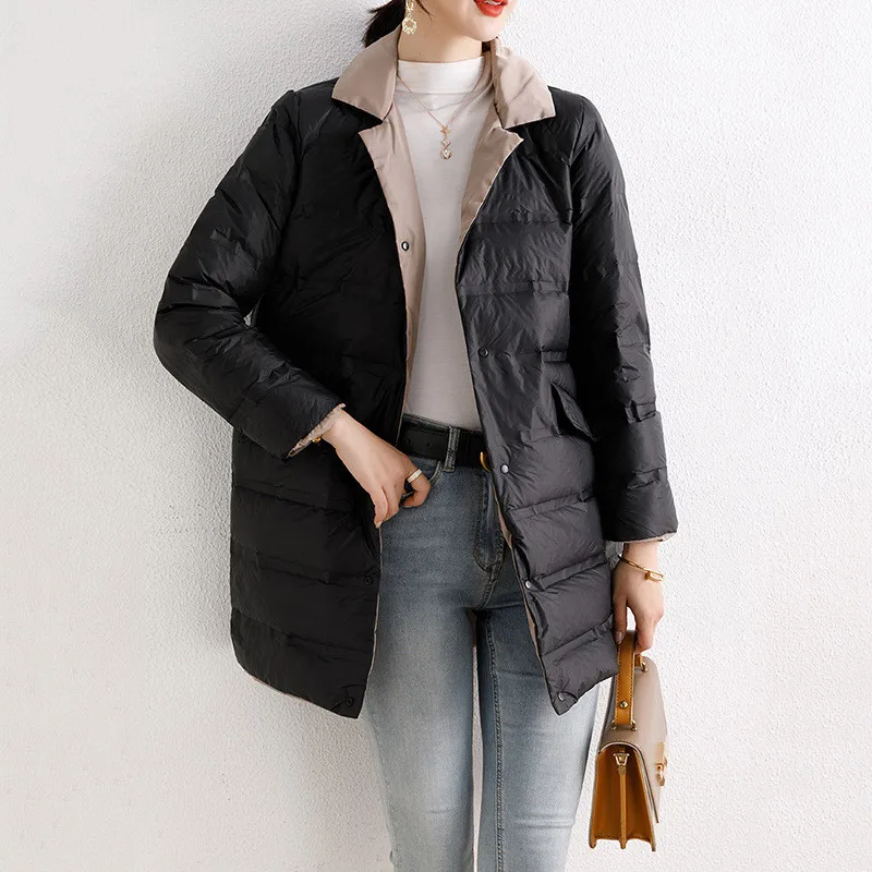 Autumn Winter Reversible Down Jacket Women Warm Light Thin White Duck Down Coat Parka Female Single-breasted Midi Long Outwears