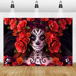 Day Of The Dead Rose Backdrop Mexican Sugar Skull Flower Fiesta Marigold Carnival Dress-up Dance Party Background Photoshoot