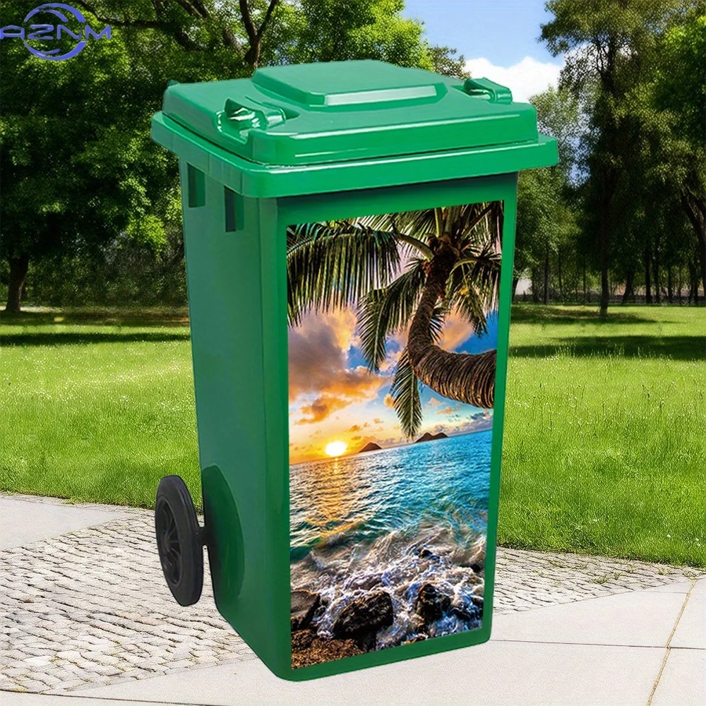 1pc of a Sunset Beach Scene Featuring Palm Trees And Rocks, a Waterproof And Removable PVC Sticker Suitable for Trash Bins, Wa view 5