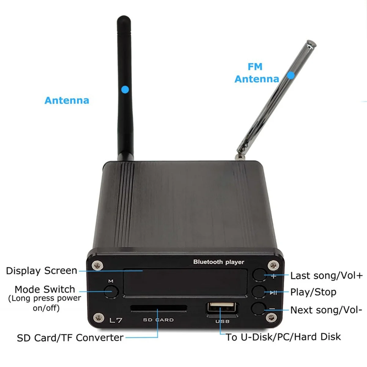 QA88X L7 HiFi Bluetooth 5.0 수신기 DAC 스테레오 오디오 프리 앰프 음악 플레이어 FM 라디오 헤드폰 앰프는 U 디스크 SD 하드 디스크를 지원합니다