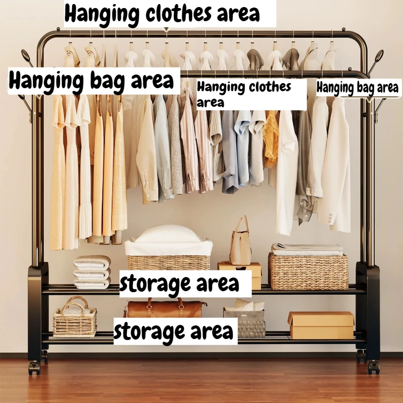 150cm Black Double Rod Clothes Rack With Wheels Multi-Tier Storage Hanger Shelves Organizer For Bedroom Living Room Furniture