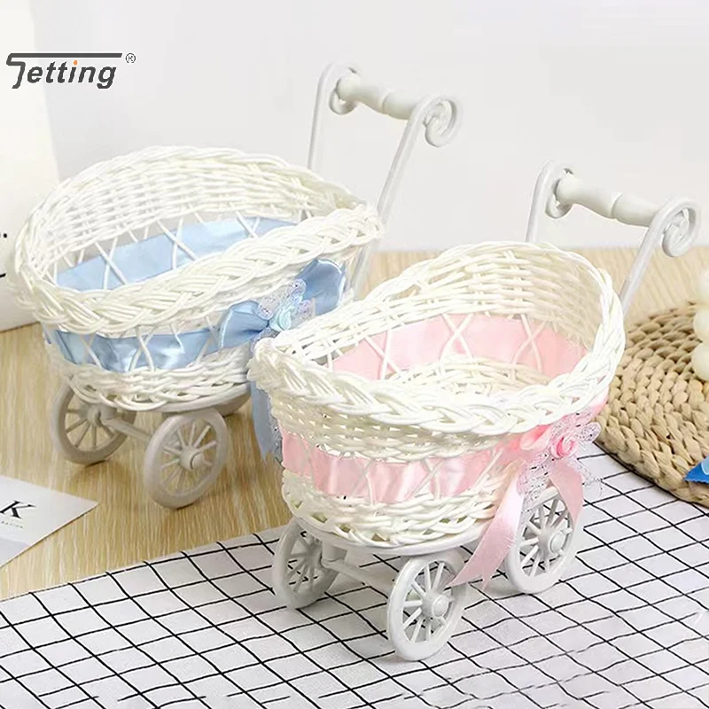 Woven Storage Basket Baby Shopping Cart Stroller Candy Storage Toys Miniature Flower Baskets Baby Shower Gift Party Favors