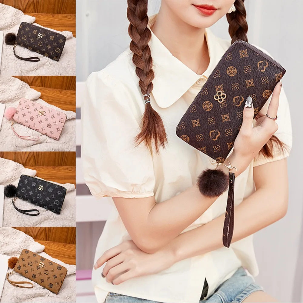 

Portable Women Long Wallet Large Capacity PU Leather Zipper Coin Purse Long Clutch Bag Fluffy Ball and Printed Decoration
