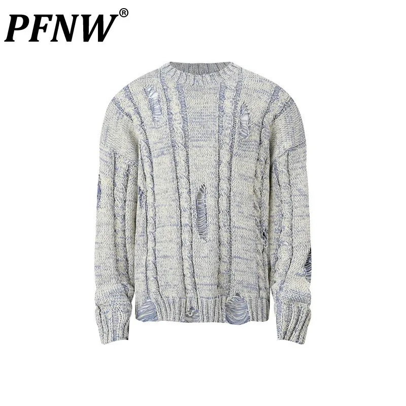 

PFNW Niche Design Men's Sweater Hole Knitted Round Collar Menwear Solid Color Pullover Loose Male Tops Autumn New 2024 12C1055