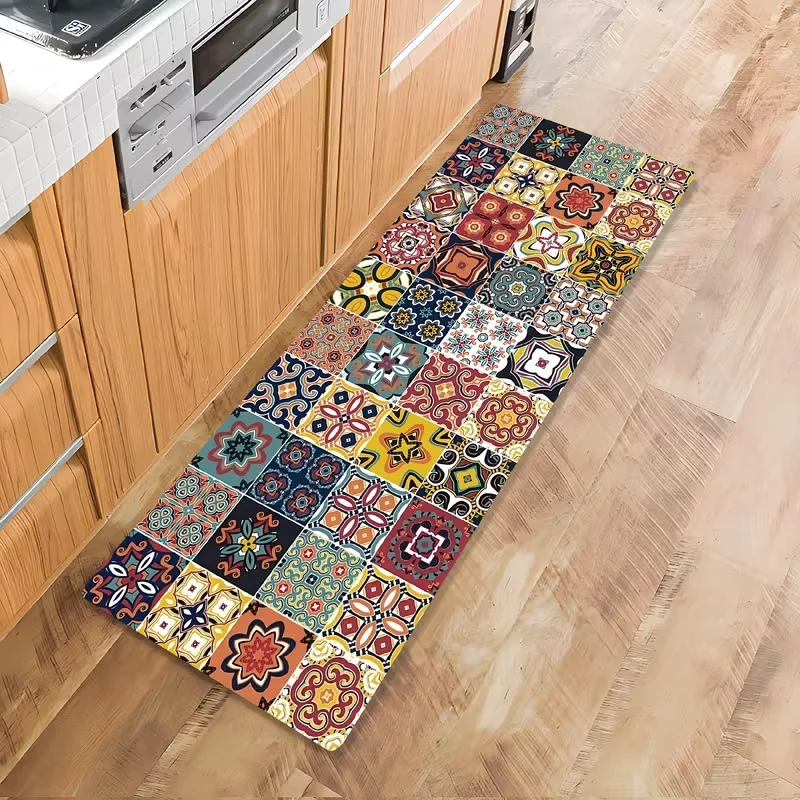 Küchenteppich im Bohemian-Stil mit Mosaikmustern – rutschfest und maschinenwaschbar, erhältlich in mehreren Größen für die Küche