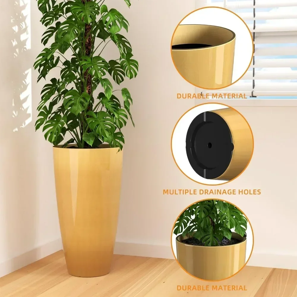 

v Plant Pot Planters for Outdoor Plants Set of 2Pack 21 inch,Tall Indoor Planters with Drainage Hole,Flower Pots Containers,Gold