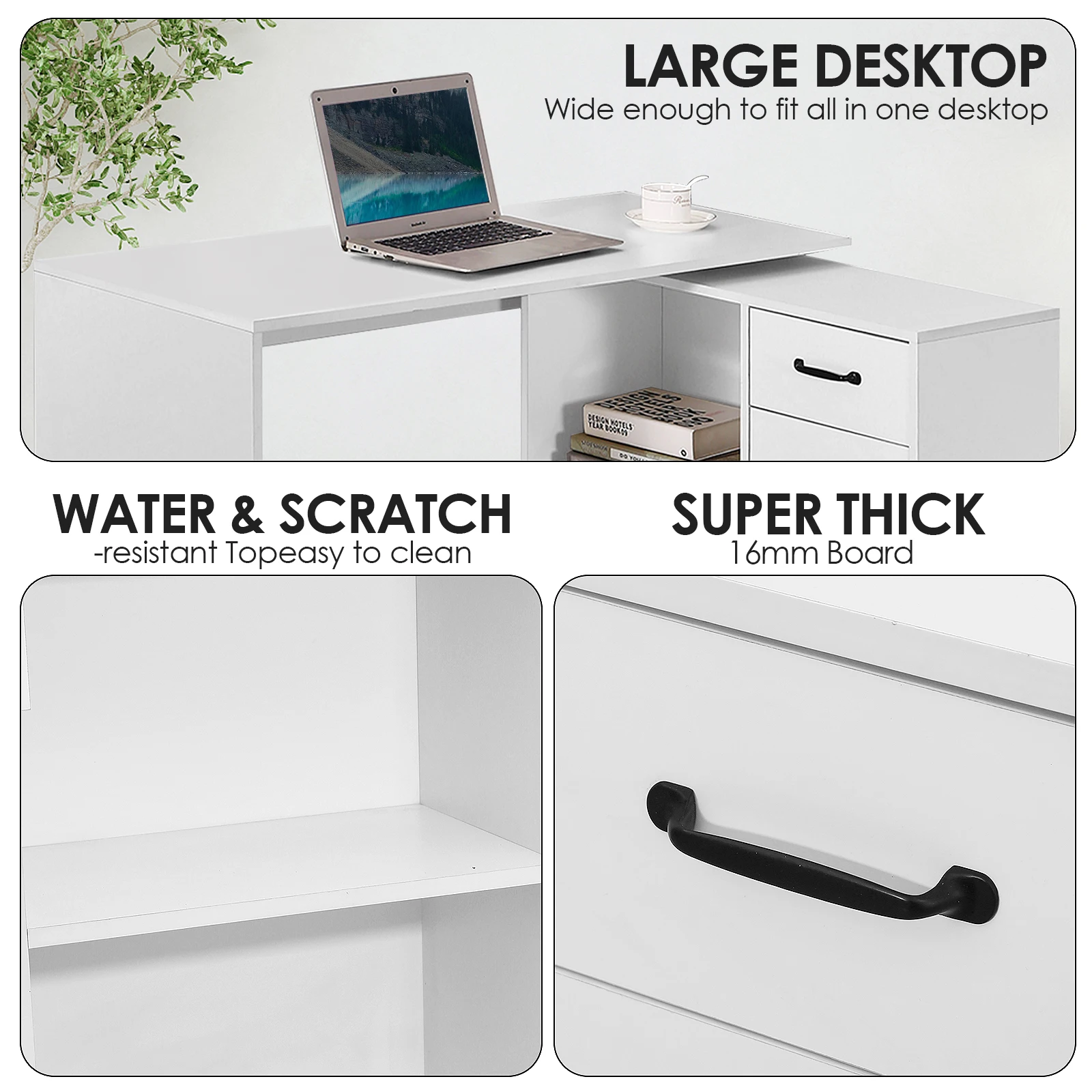 Wooden Computer Desk Foldable With 2 Drawers 2 Rotating Corner Shelves Compartment Office Living Room Kitchen Versatile Table