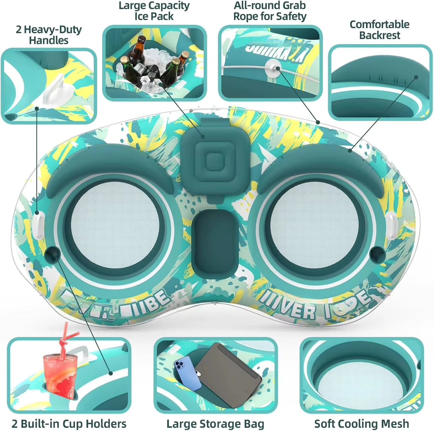 Inflatable river tubular float boat with cup holder, easy to install, portable water floater