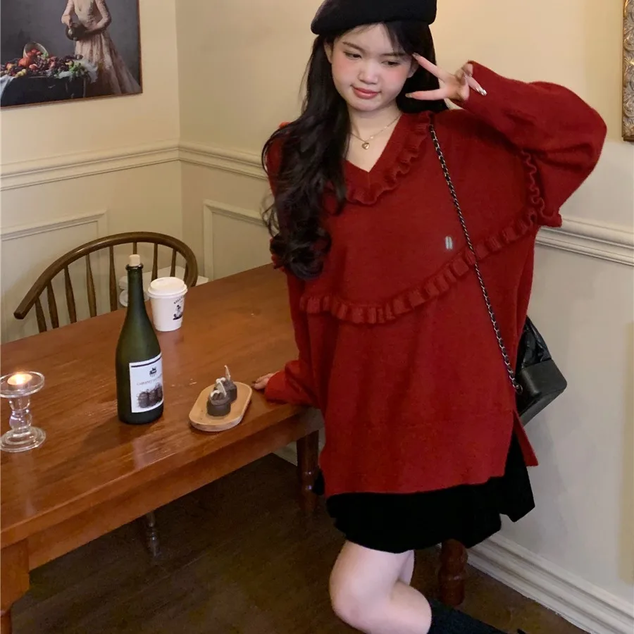 Damen Chic V-Ne Pullover Loose Fit Thiened Overhead Soft Herbst Winter Faion Korean Sle Retro Wood ain