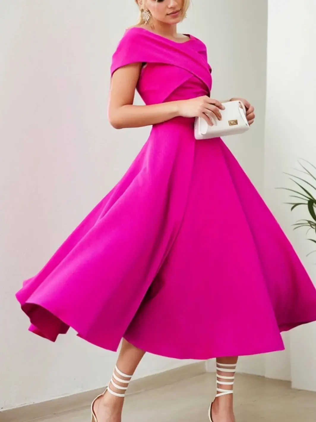 

Elegant A-Line Evening Dress Tea Length Off Shoulder Sleeveless Ruched Stretch Fabric Wedding Guest Dress 2025 free customized