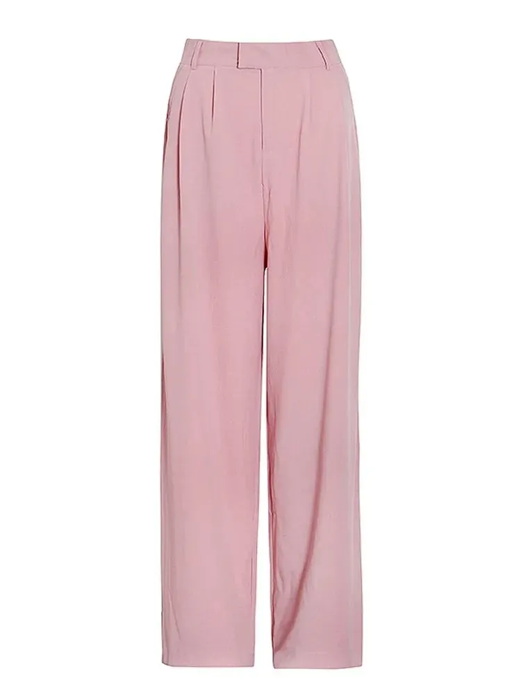 BPN Minimalist Solid Pants For Women High Waist Ptachwork Pockets Casual Pink Loose Wide Leg Trousers Female Fashion Clothes New