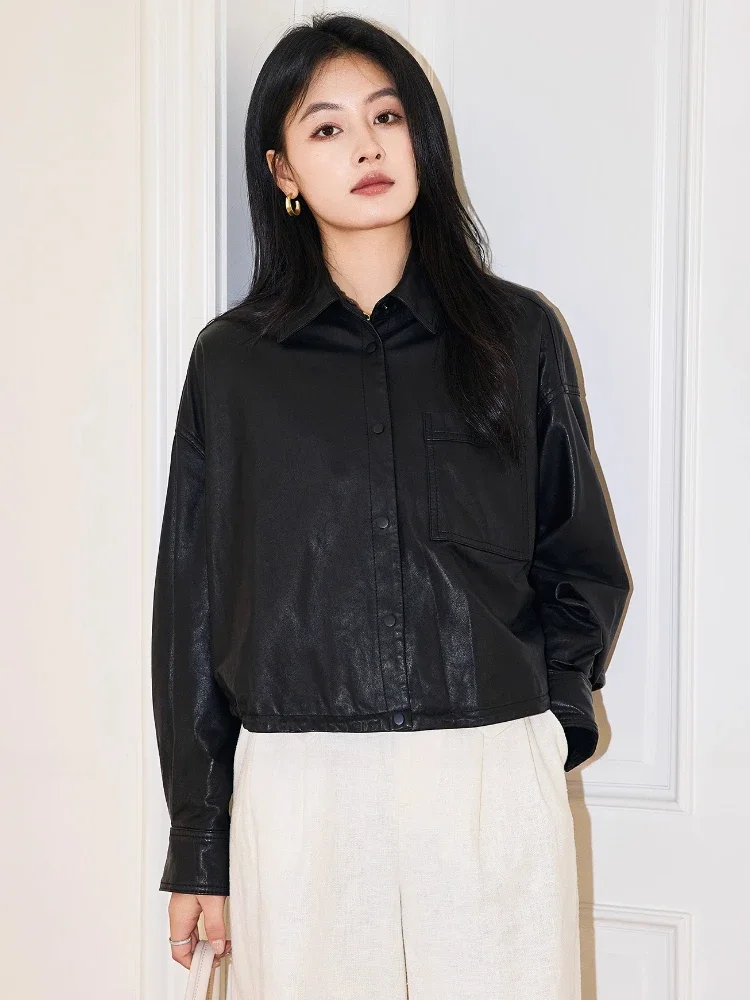 

Soft Black Genuine Leather Shirt Jackets for Women Spring Autumn 2026 New High-end Simple Casual Loose Short Real Sheepskin Coat