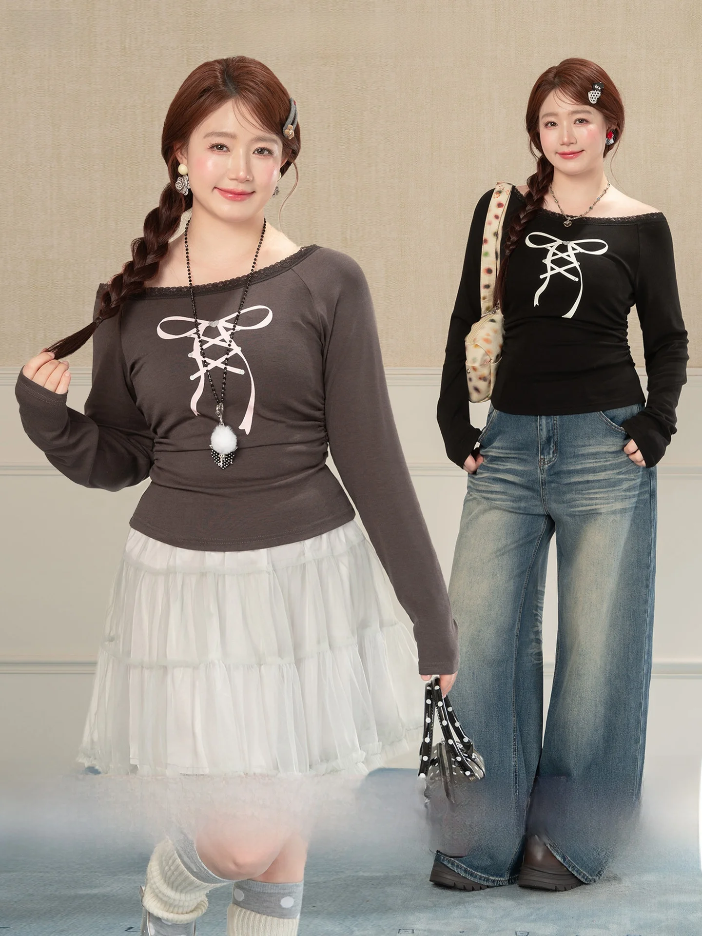 

Heynew plus Size Women's Vintage Grey Wide Collar Printed Long Sleeve T-Shirt Slimming Summer Top for Pear Shaped Ladies