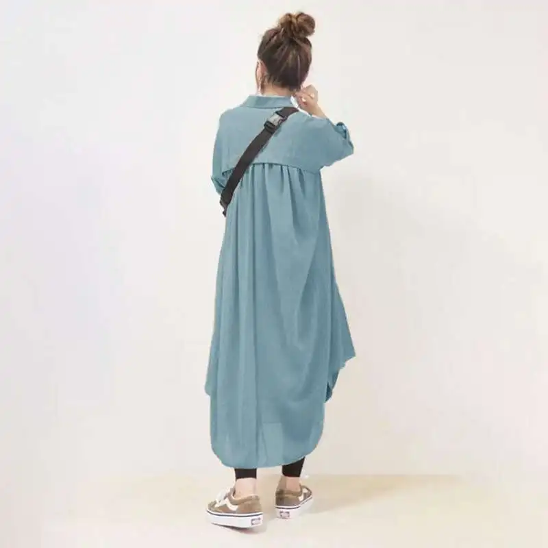 فستان قميص فضفاض بأكمام طويلة من القطن والكتان، ياقة مطوية، جيب جانبي، نمط كاجوال، طول متوسط، تصميم خط A