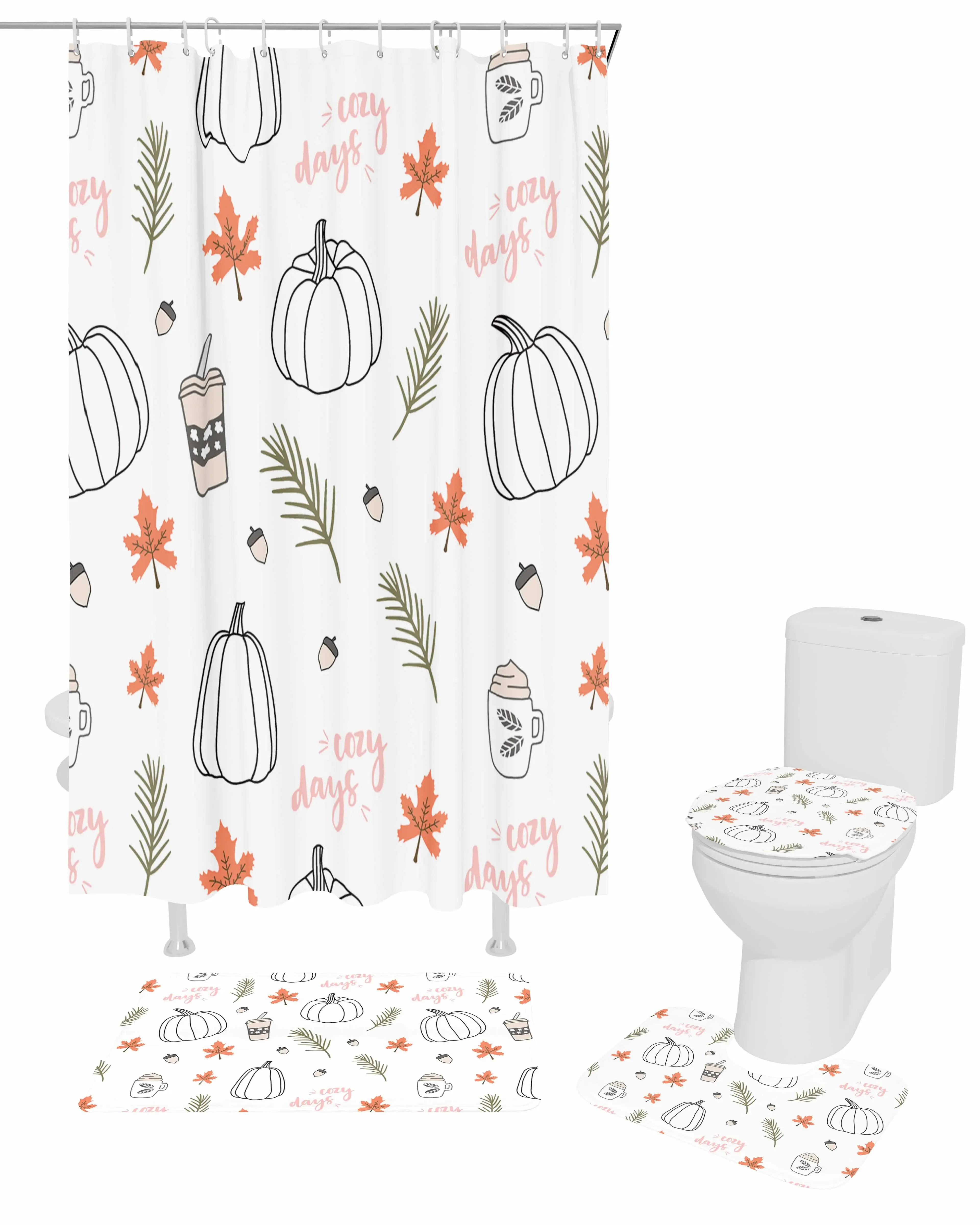 Pumpkin Maple Leaf CoffeePolyester Printed Shower Curtain Bathroom Set Luxury Curtain Abstract 4-piece Set Coral Velvet Foot Mat